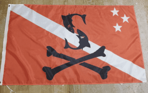 skull and crossbones red flag with a white strip running diagonally