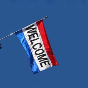 welcome flag with red white and blue thick stripes